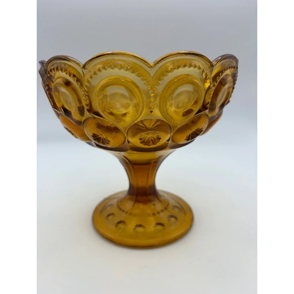 Vintage LE Smith Amber Glass Moon & Star Pedestal Compote Candy Dish Celestial